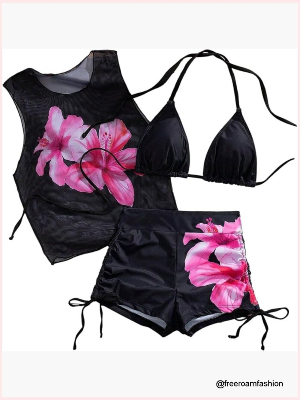 3 Piece Bikini Set with Halter Top and High Waisted Shorts Floral Print